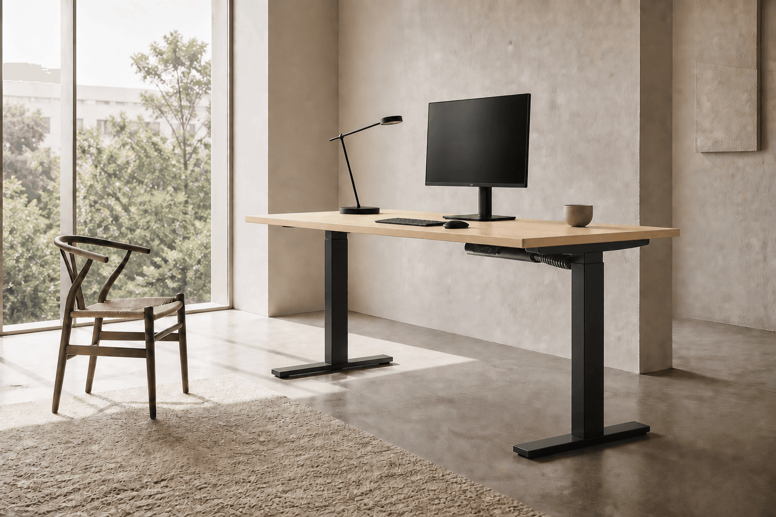 LumaDesk Pro oak standing desk in a quiet modern workspace